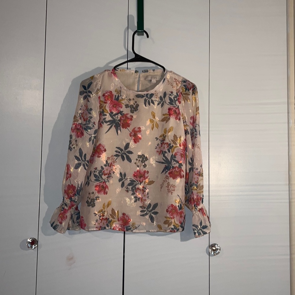 Sheer Loft blouse lined floral gold tones shimmer summer evening long sleeve